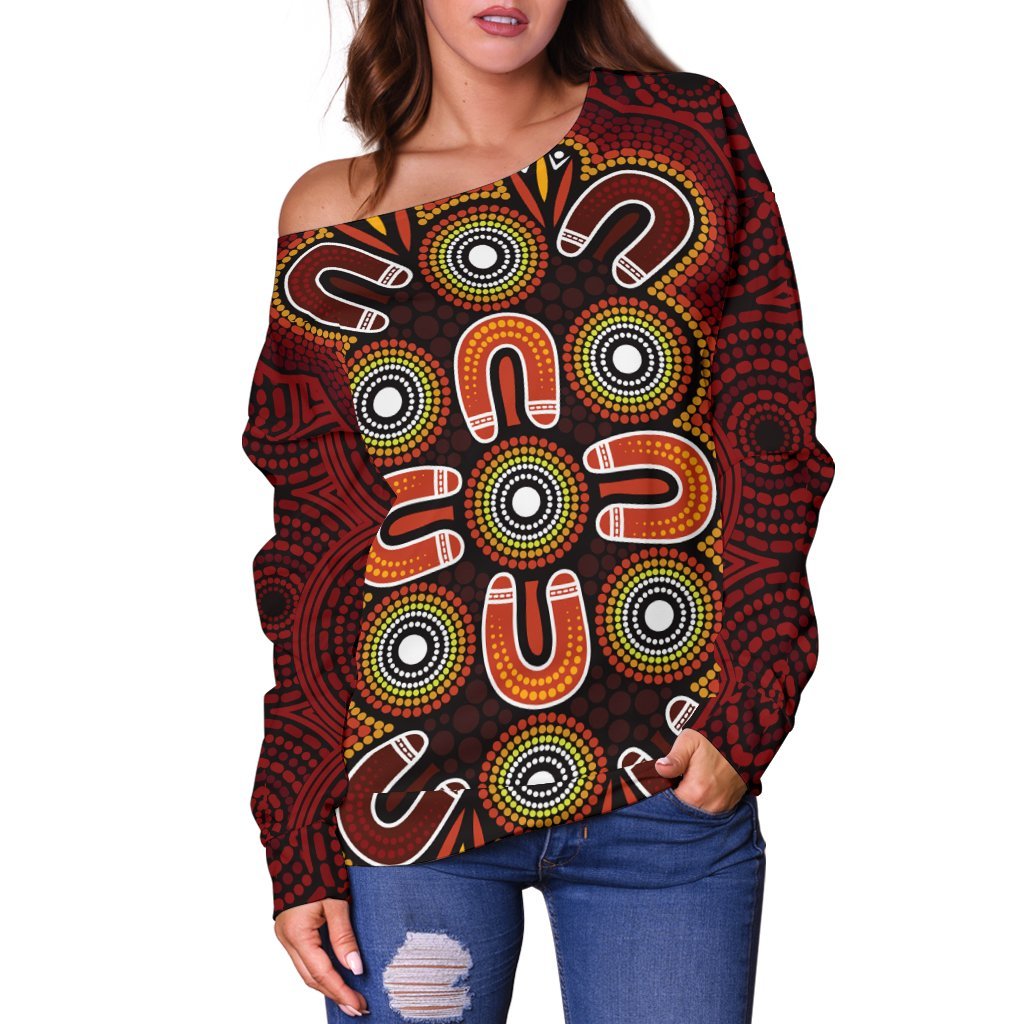 ABoriginal Women's Off Shoulder Sweater - Aboriginal Dot Painting Flowers Style