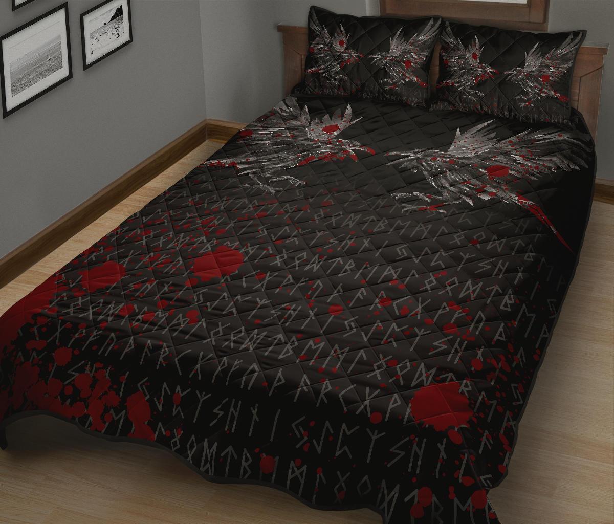 Viking Quilt Bedding Set Odin Huginn and Muninn Rune Blood