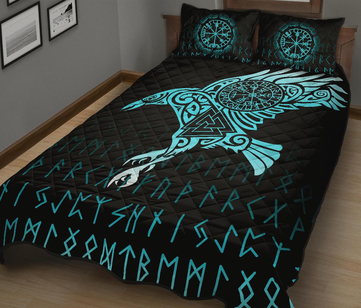 Viking Quilt Bedding Set Raven Tattoo Cyan