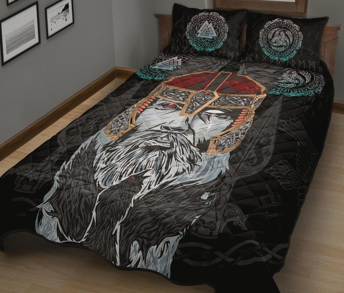 Viking Quilt Bedding Set Odin Valknut and Triple Horn