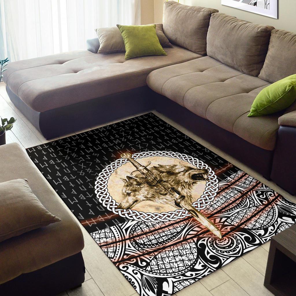 Viking Area Rug Wolf and Vikings Tattoo 3D