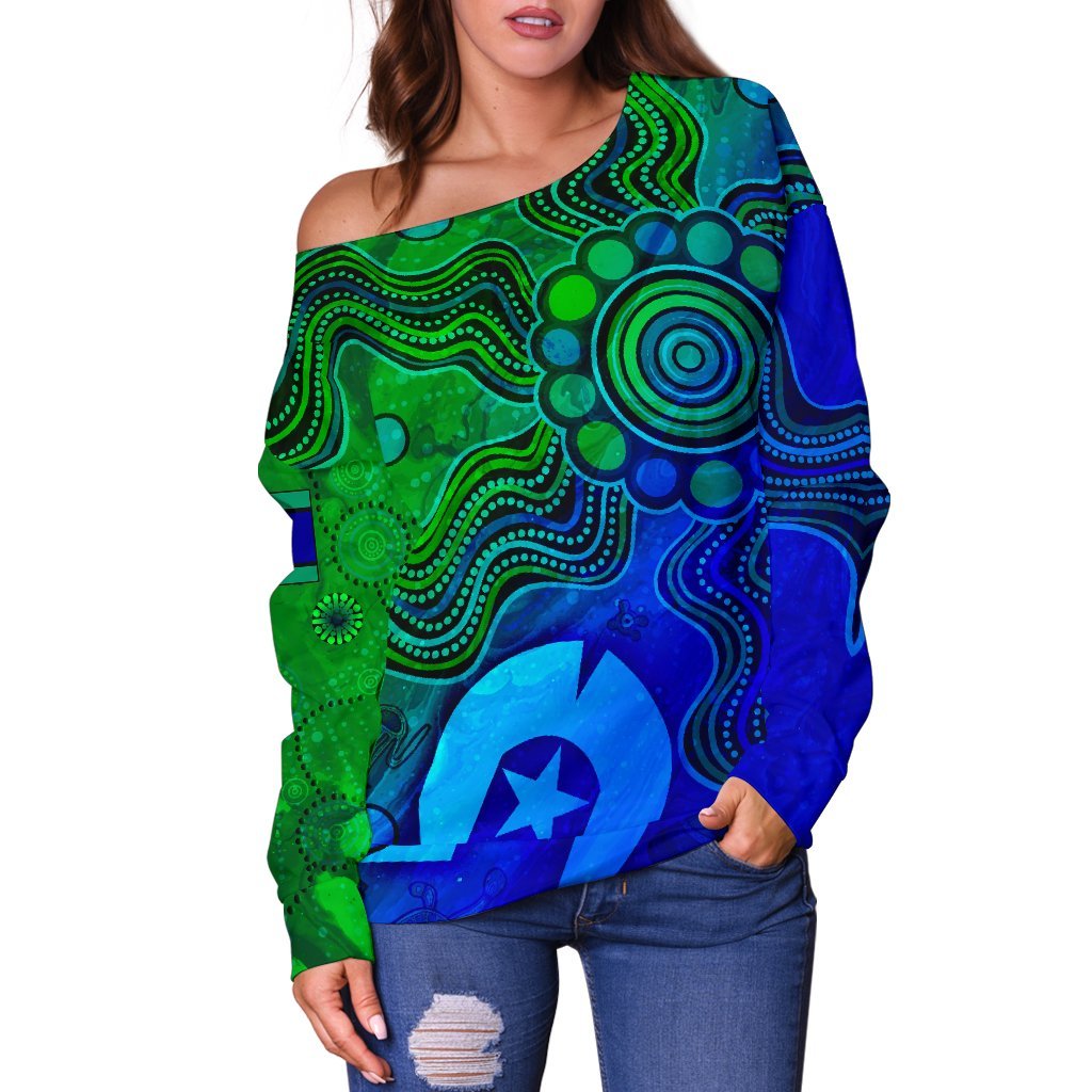 Aboriginal Women's Off Shoulder Sweater, Torres Strait Islands Flag