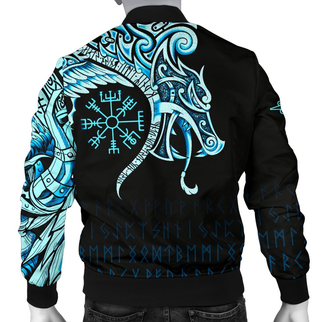 Viking Bomber Jacket Fenrir Raven And Vegvisir Tattoo Cyan Style Ver01