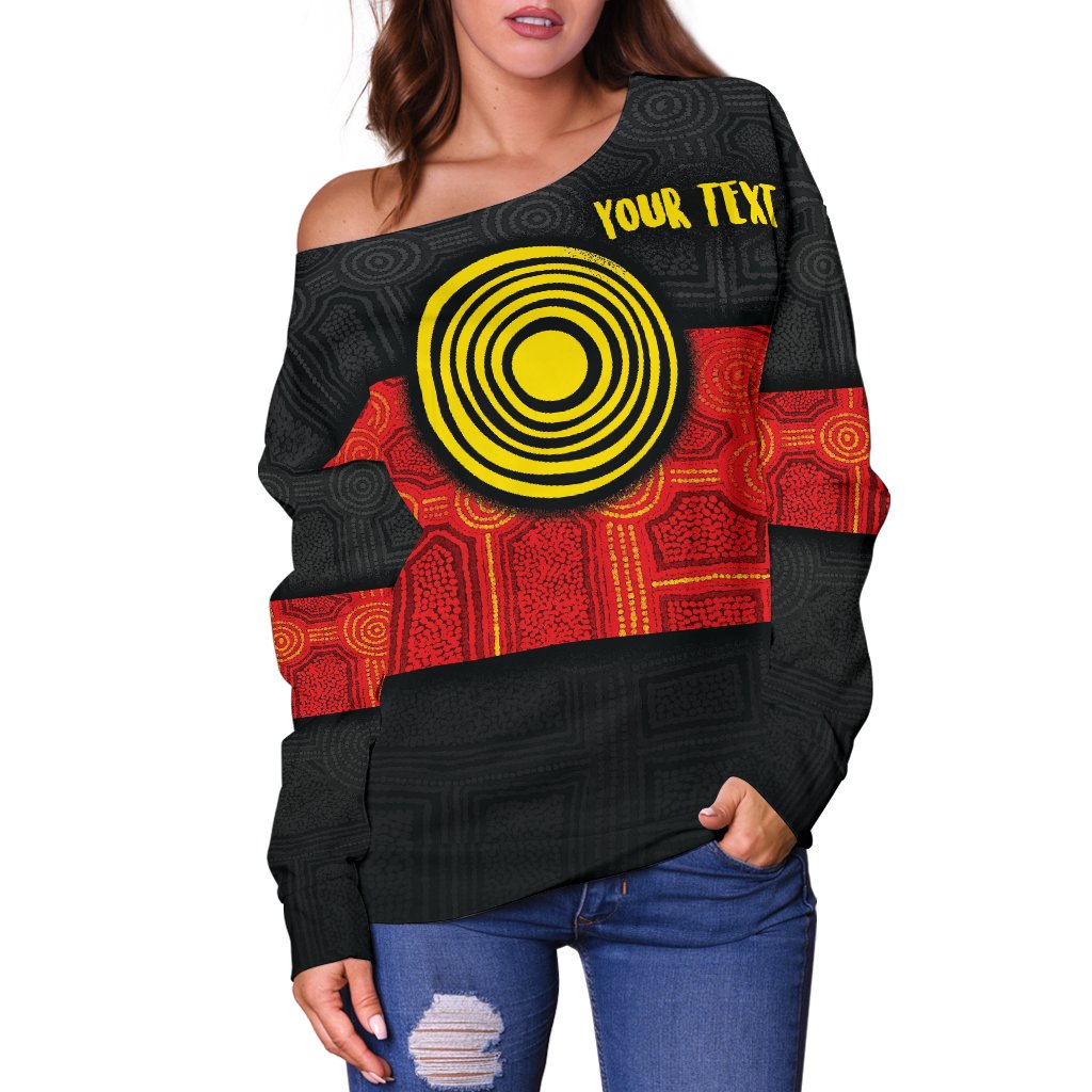 Personalised Aboriginal Women's Off Shoulder Sweater - Aussie Indigenous Flag