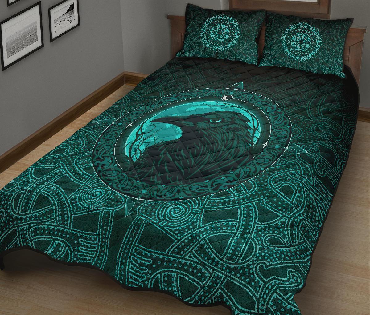 Viking Quilt Bedding Set Ethnic Odin Raven Cyan