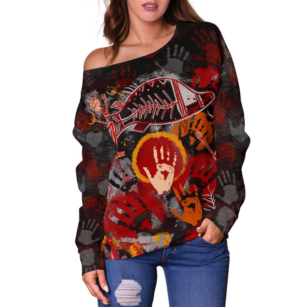 Aboriginal Women's Off Shoulder Sweater- Indigenous Fish Hand Art