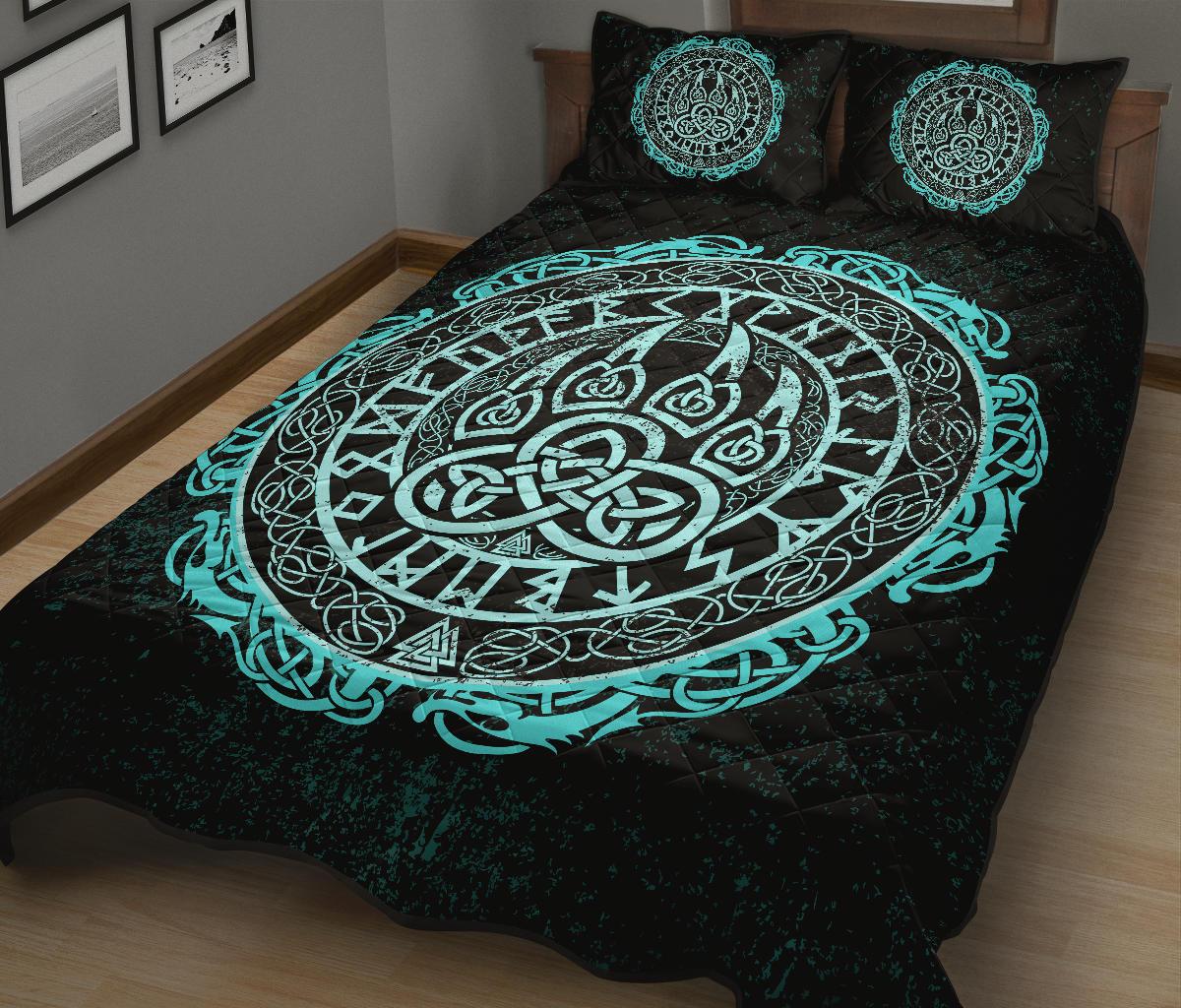 Viking Quilt Bedding Set Viking Bear Claws Cyan Tattoo