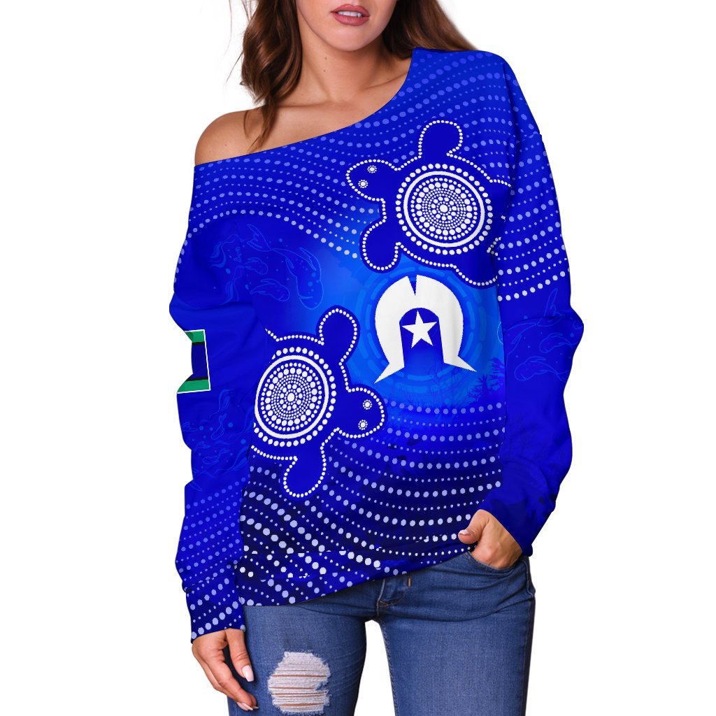 Torres Strait Islanders Women's Off Shoulder Sweater - Torres Symbol With Turtle