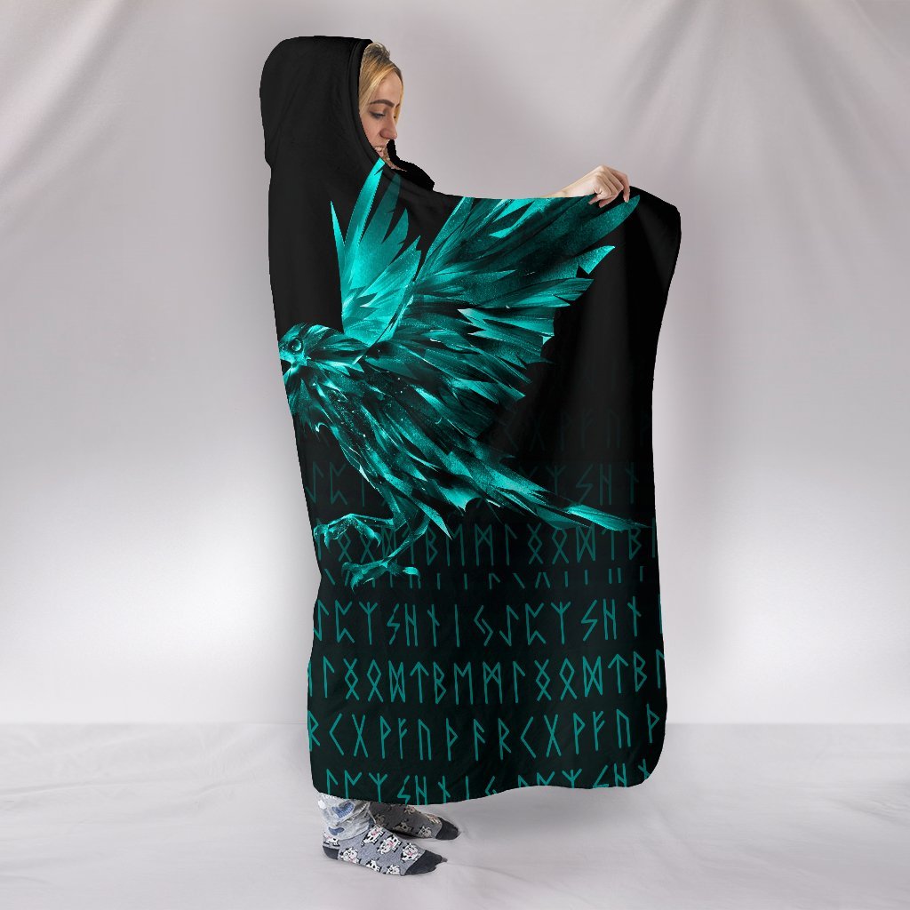 Viking Hooded Blanket The Raven Of Odin Rune Cyan