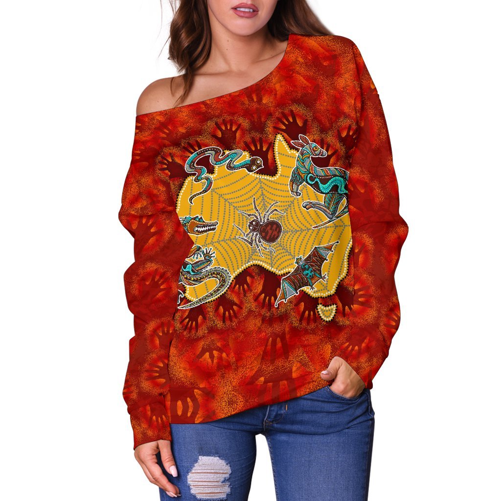 Aboriginal Women's Off Shoulder Sweater - Australia Map Hand Patterns Spider Web