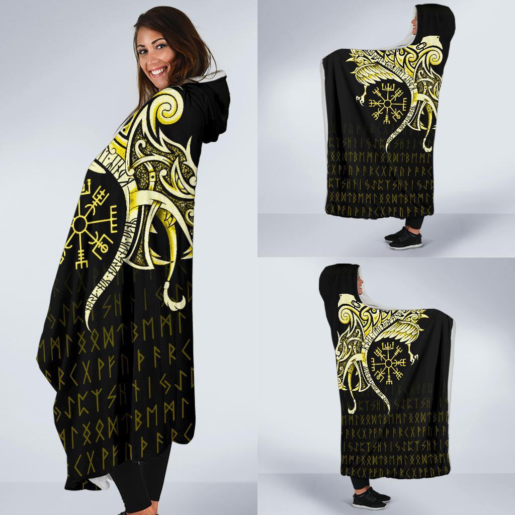 Viking Hooded Blanket Economy Fenrir Raven And Vegvisir Tattoo Yellow