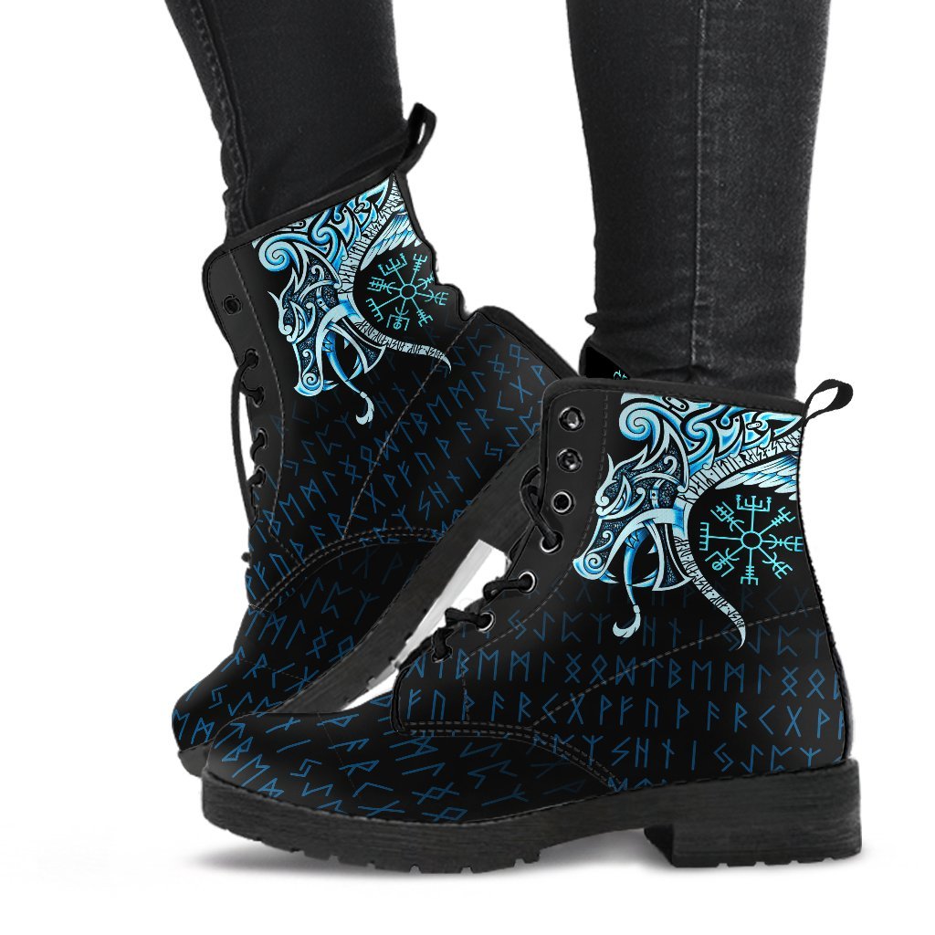 Viking Leather Boots Fenrir Raven And Vegvisir Tattoo Cyan