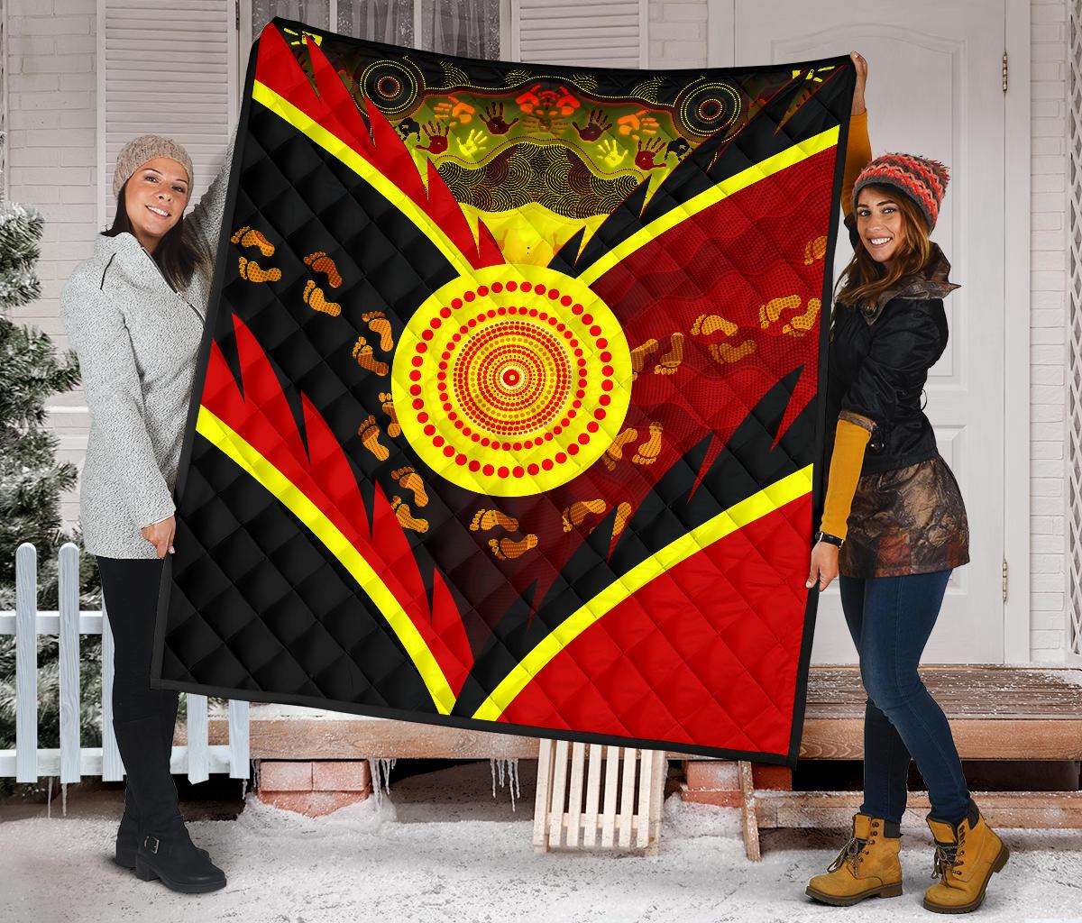 Aboriginal Premium Quilt - Indigenous Flag With Footprint Hand Art