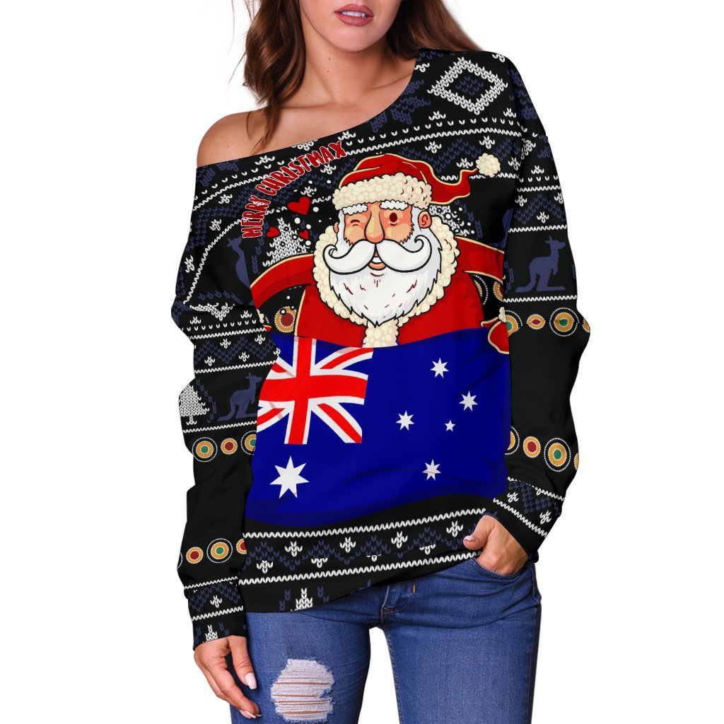 Christmas Women's Off Shoulder Sweater - Australia Santa Claus Hold The Flag ( Black)