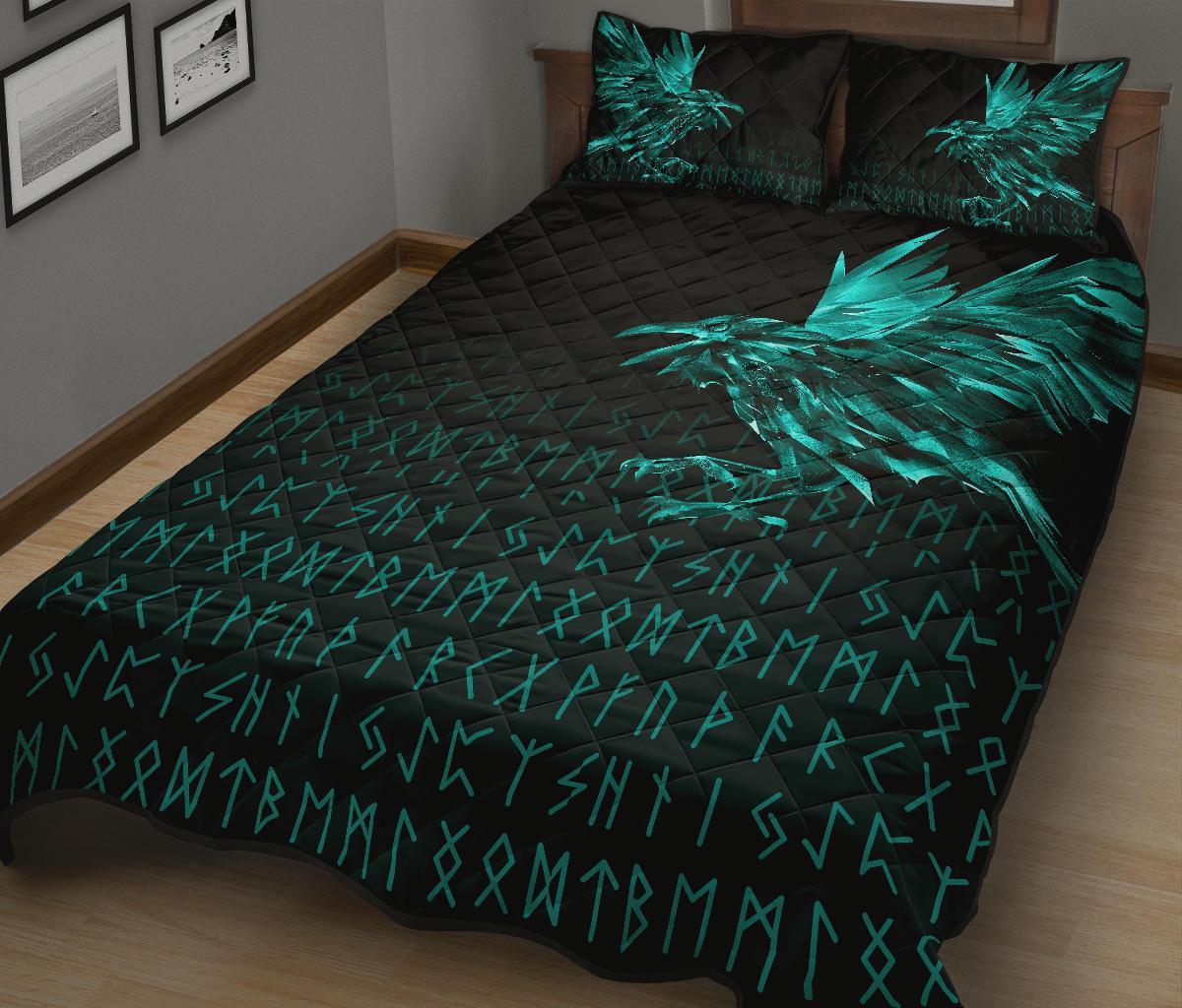 Viking Quilt Bedding Set The Raven Of Odin Rune Cyan