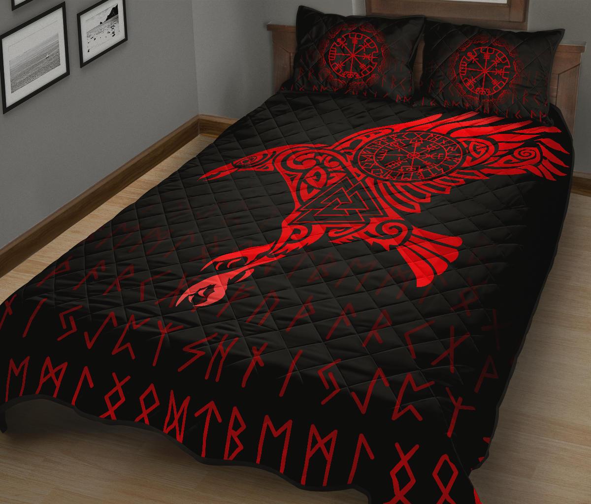 Viking Quilt Bedding Set Raven Tattoo Red