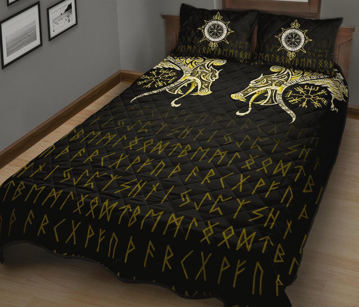 Viking Quilt Bedding Set Fenrir Raven And Vegvisir Tattoo Yellow