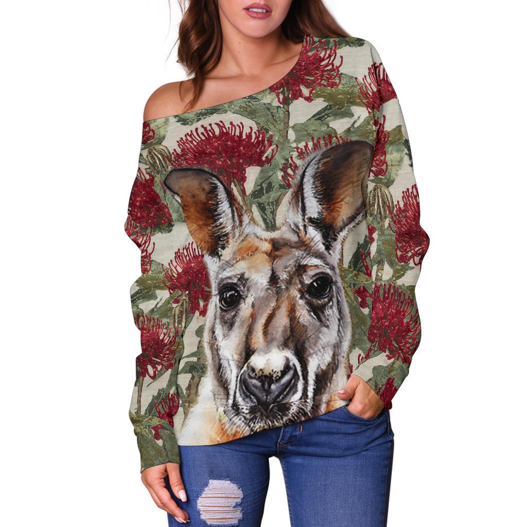 Off Shoulder Sweater - Kangaroo Sweater Waratah Painting