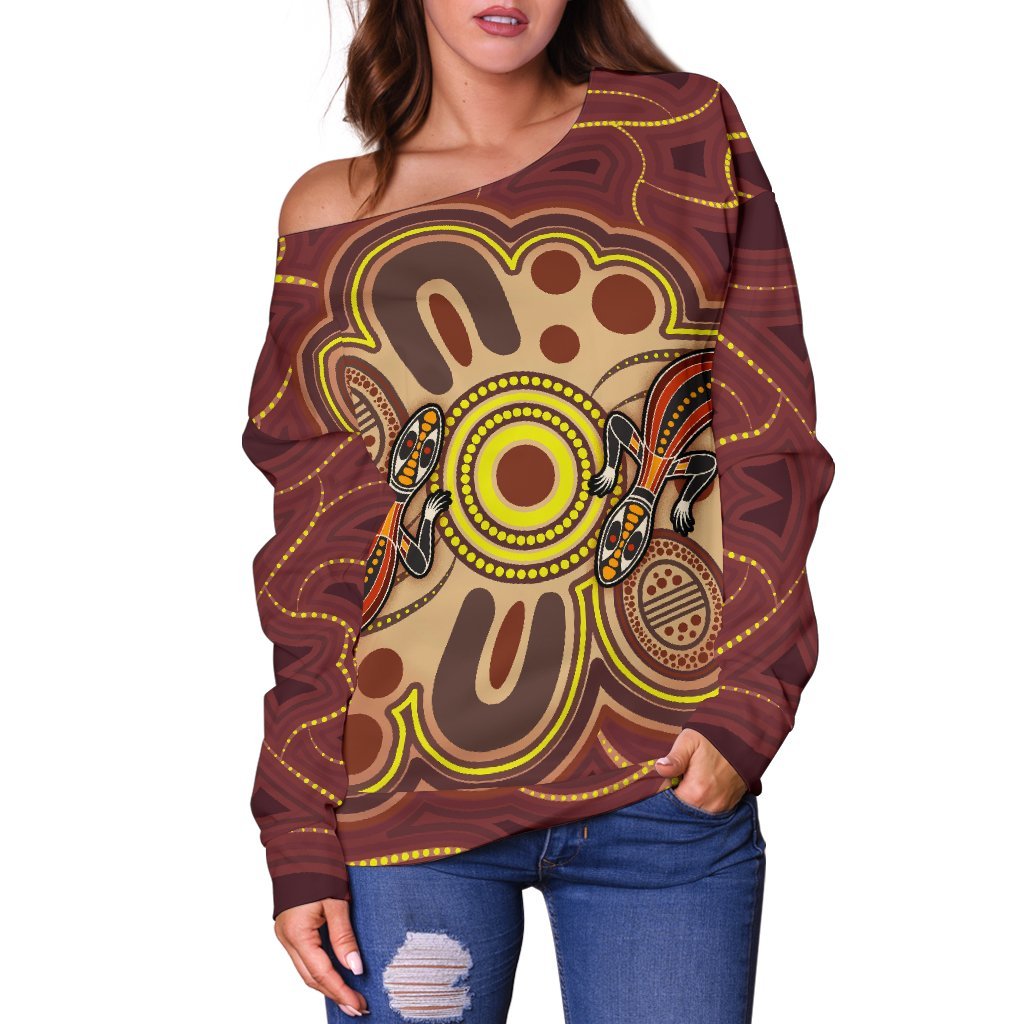 Aboriginal Women's Off Shoulder Sweater, Indigenous Lizard Dot Painting Art