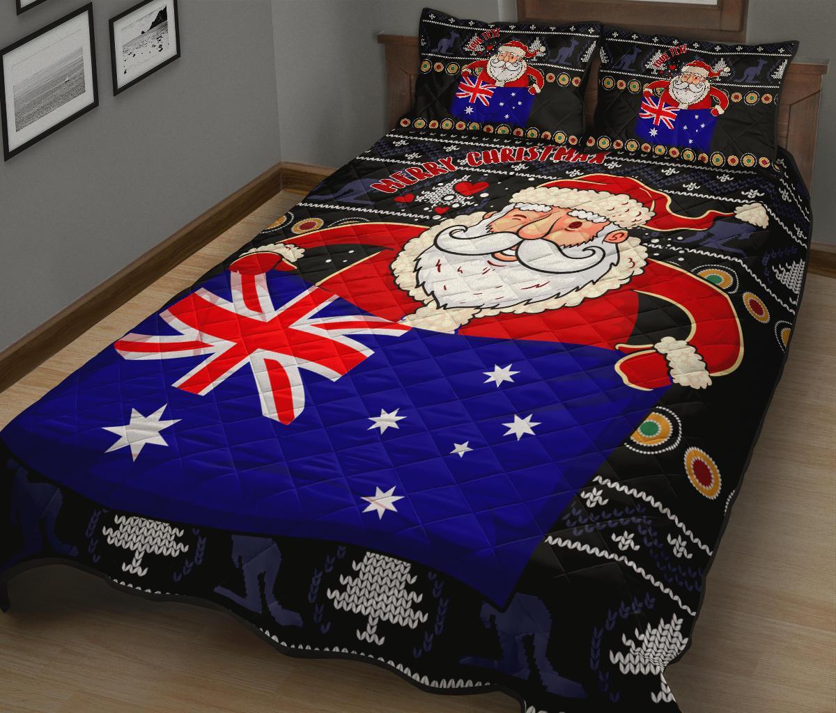 Christmas Personalised Quilt Bed Set - Australia Santa Claus Hold The Flag ( Black)