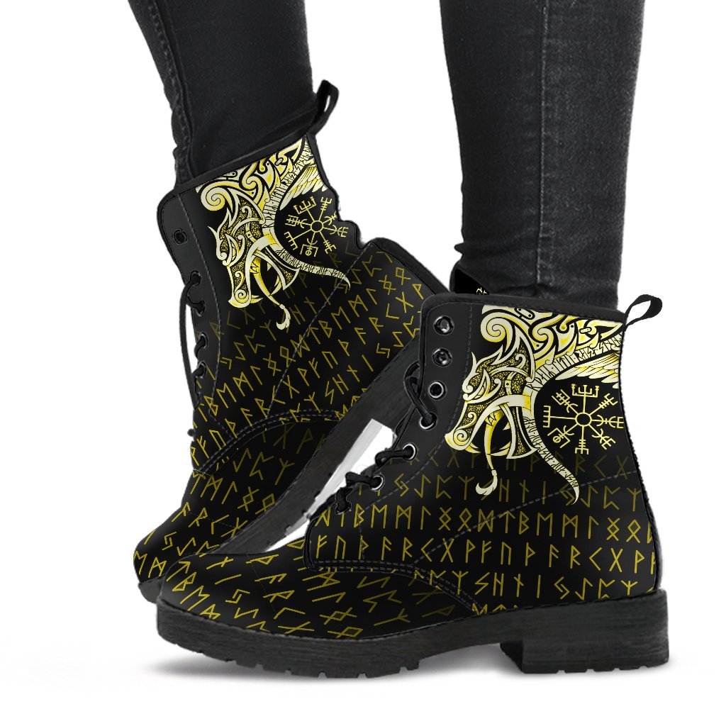 Viking Leather Boots Fenrir Raven And Vegvisir Tattoo Yellow