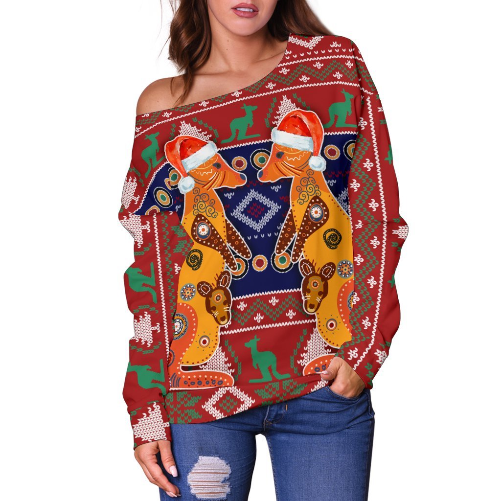 Australia Christmas Women's Off Shoulder Sweater - Mother Kangaroo In Christmas