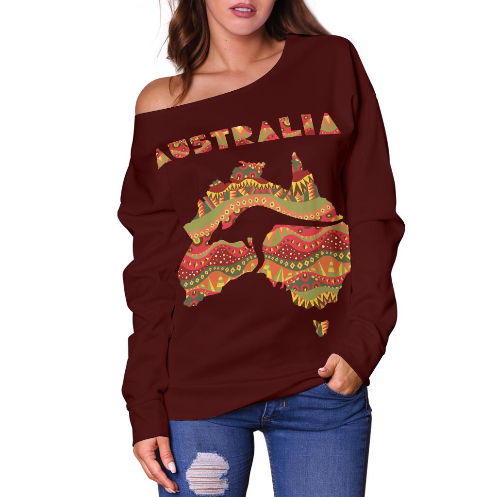 Women's Off Shoulder Sweater - Australia Map Sweater Kangaroo Aboriginal Patterns