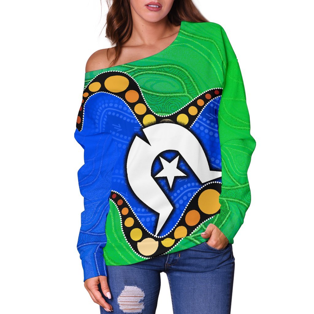 Torres Strait Islands Women's Off Shoulder Sweater - Flag with Aboriginal Patterns
