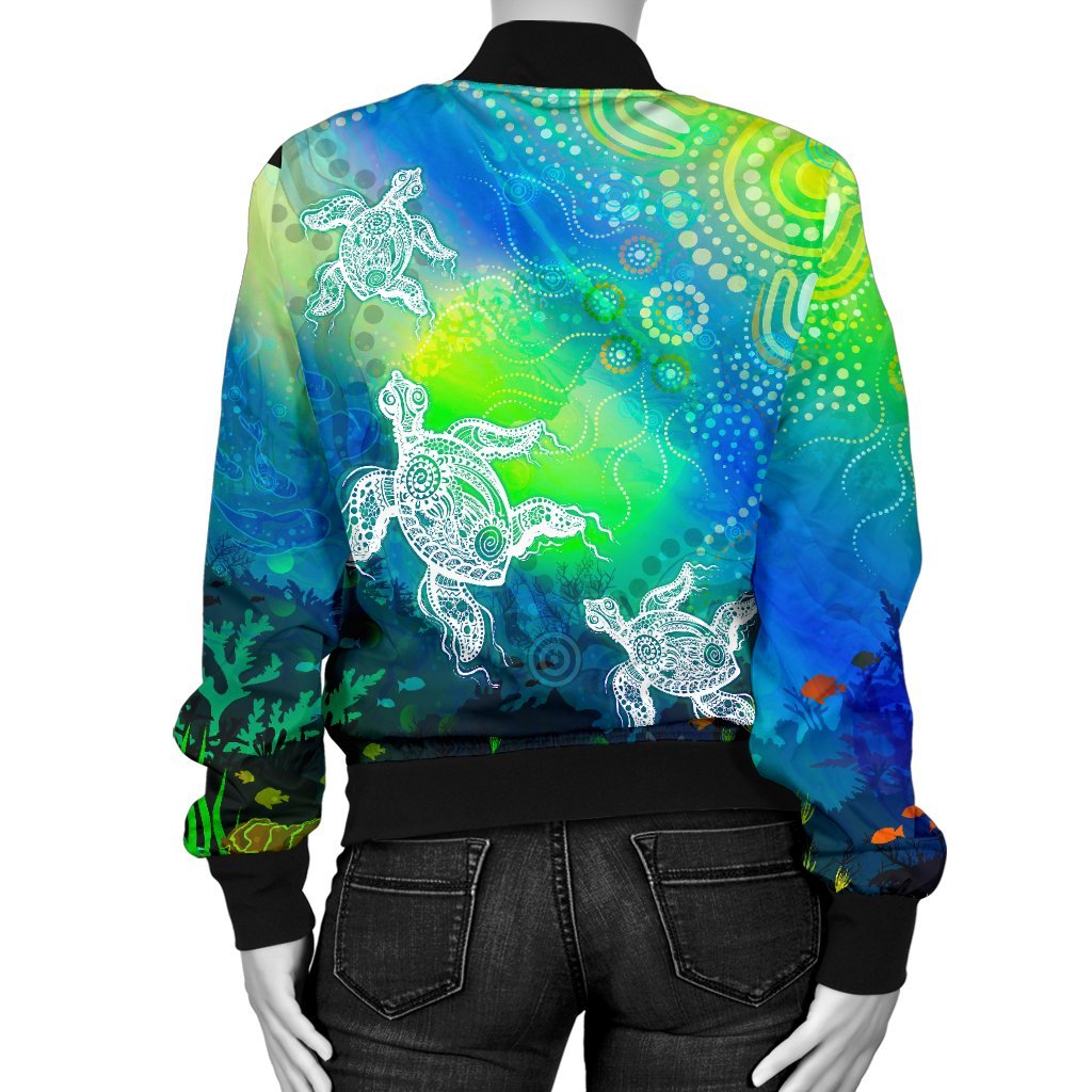 Aboriginal Bomber Jacket - Indigenous Turtle Ocean Dot Painting Art