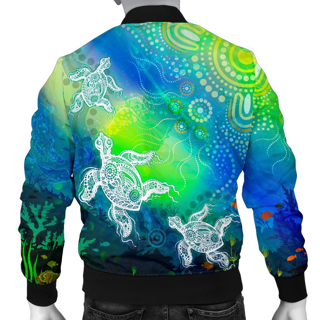 Aboriginal Bomber Jacket - Indigenous Turtle Ocean Dot Painting Art