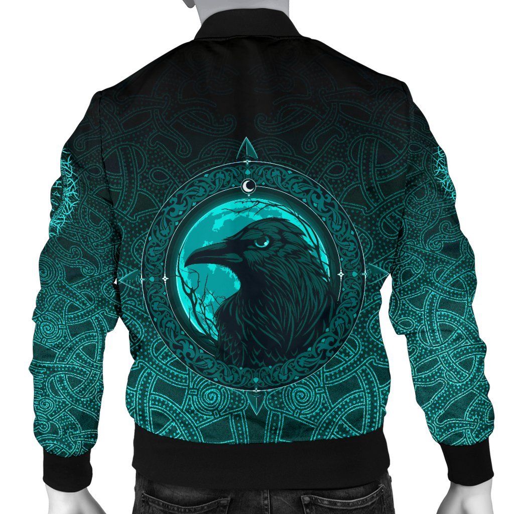 Viking Bomber Jacket Ethnic Odin Raven Cyan Style Ver01