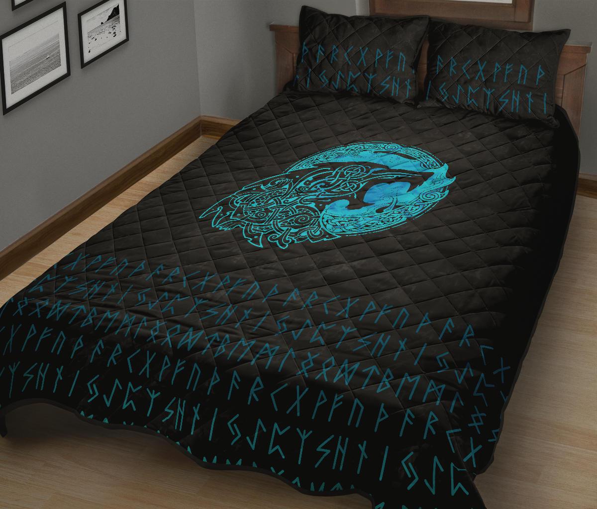 Viking Quilt Bedding Set Fenrir Wolf Cyan