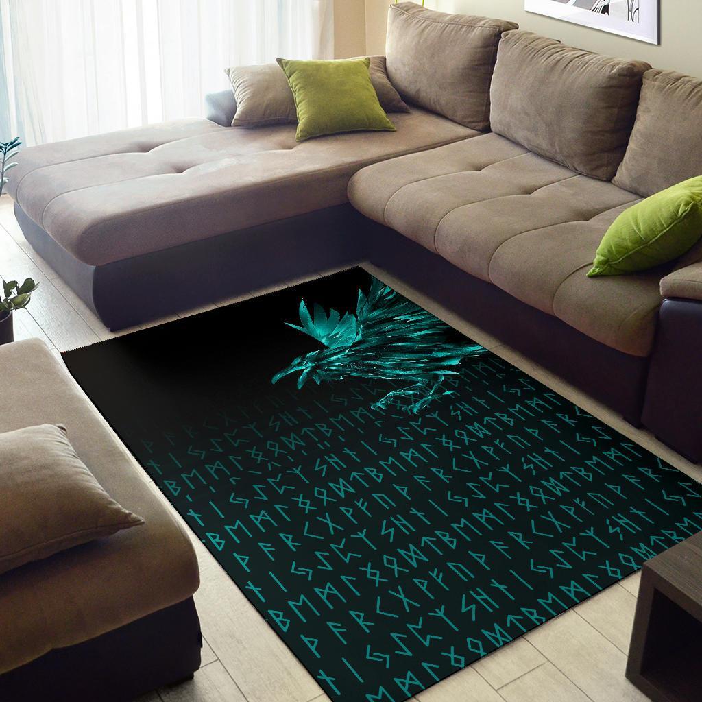 Viking Area Rug The Raven Of Odin Rune Cyan