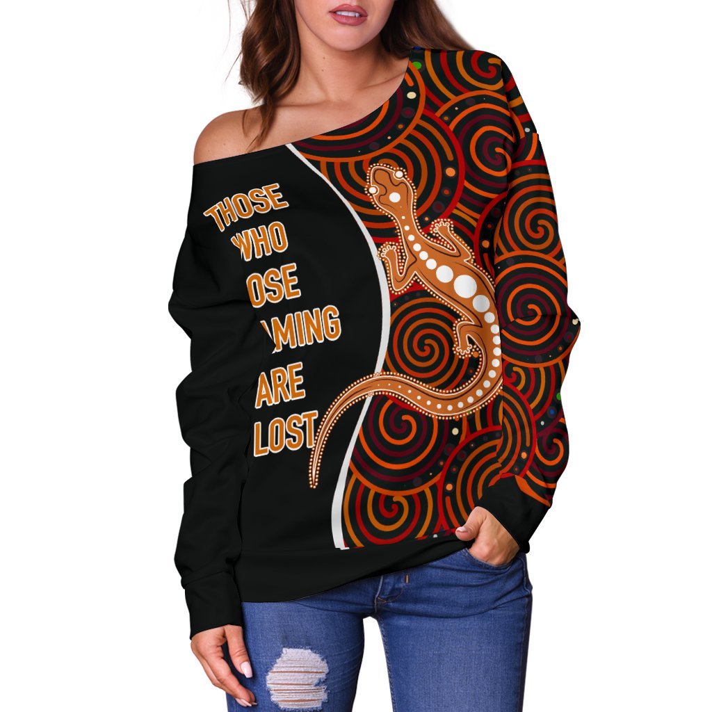 Aboriginal Women's Off Shoulder Sweater - Indigenous Lizard Dreaming