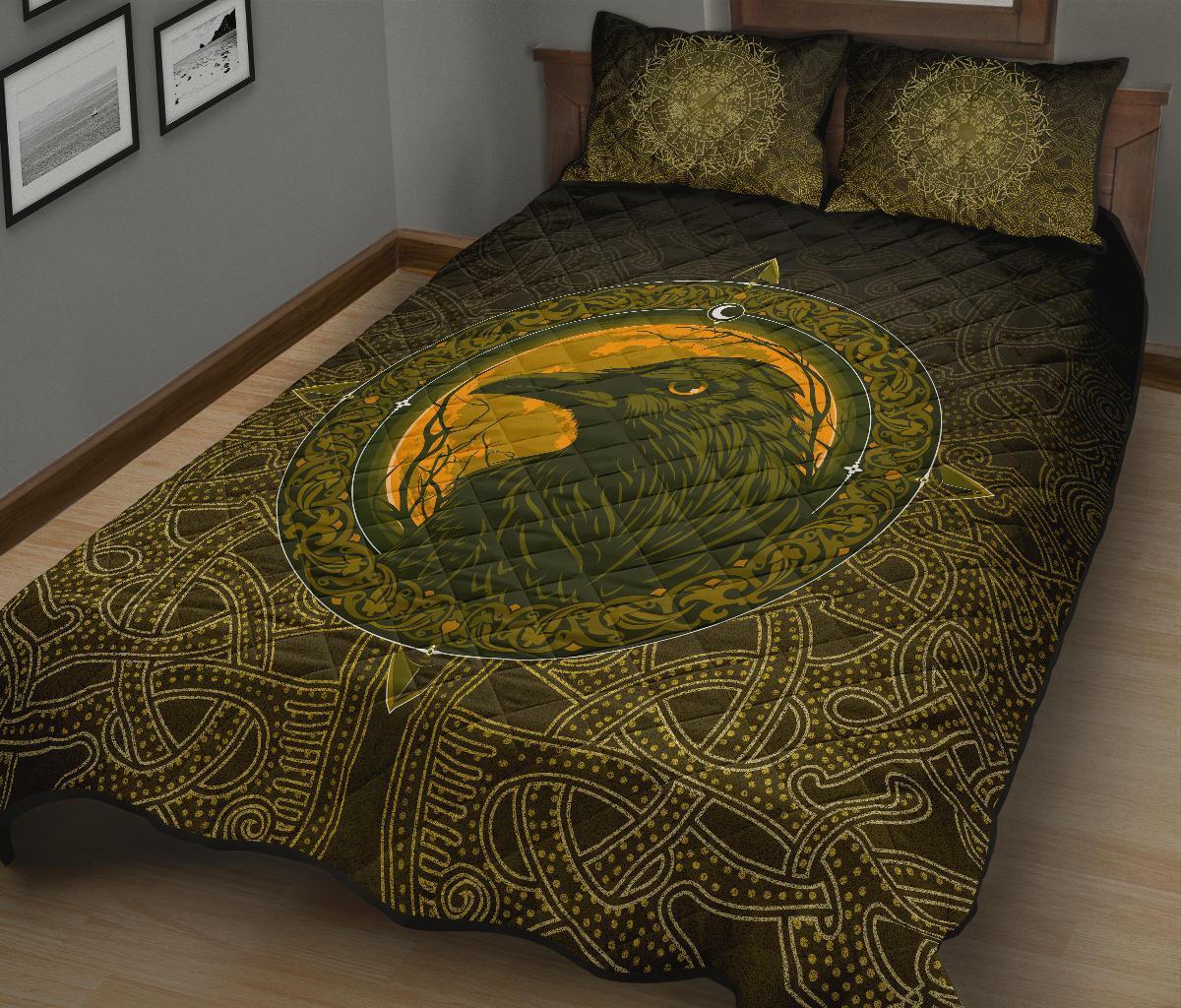 Viking Quilt Bedding Set Ethnic Odin Raven Gold