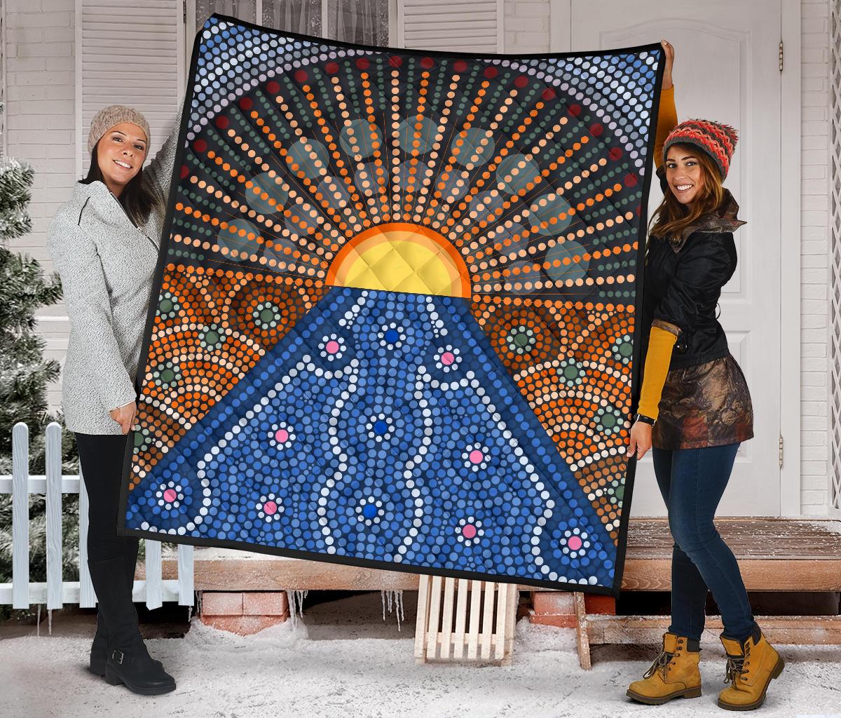 Aboriginal Premium Quilt - Australia Sunrise Dot Painting Art