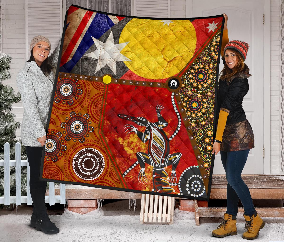 Premium Quilt - Aboriginal Dot Painting & Flags, Crocodile