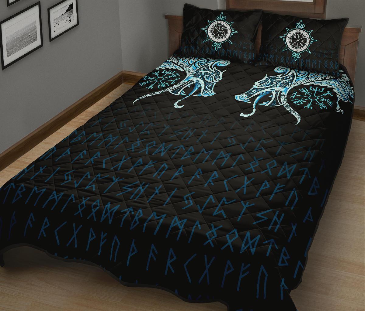 Viking Quilt Bedding Set Fenrir Raven And Vegvisir Tattoo Cyan