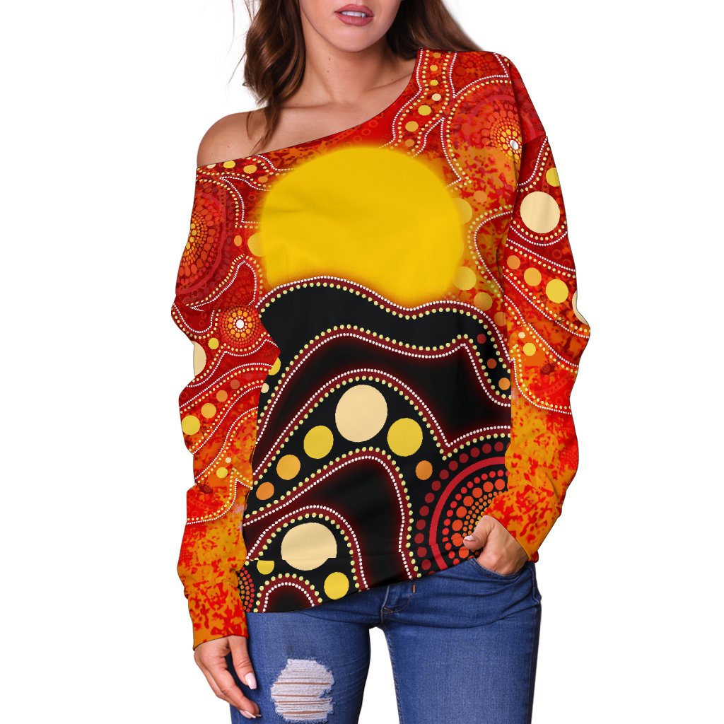 Aboriginal Off Shoulder Sweater, Aboriginal Lives Matter Flag Dot Painting Art