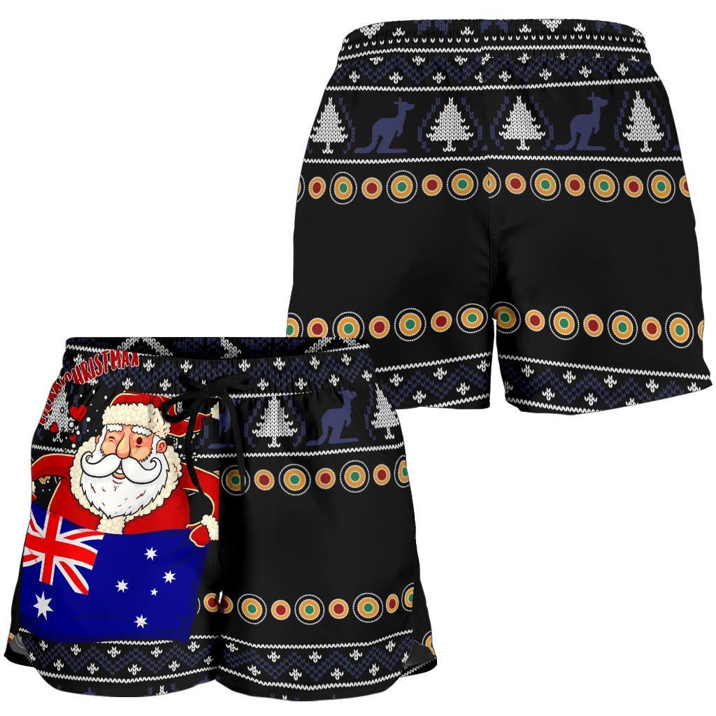 Christmas Women's Short - Australia Santa Claus Hold The Flag ( Black) 