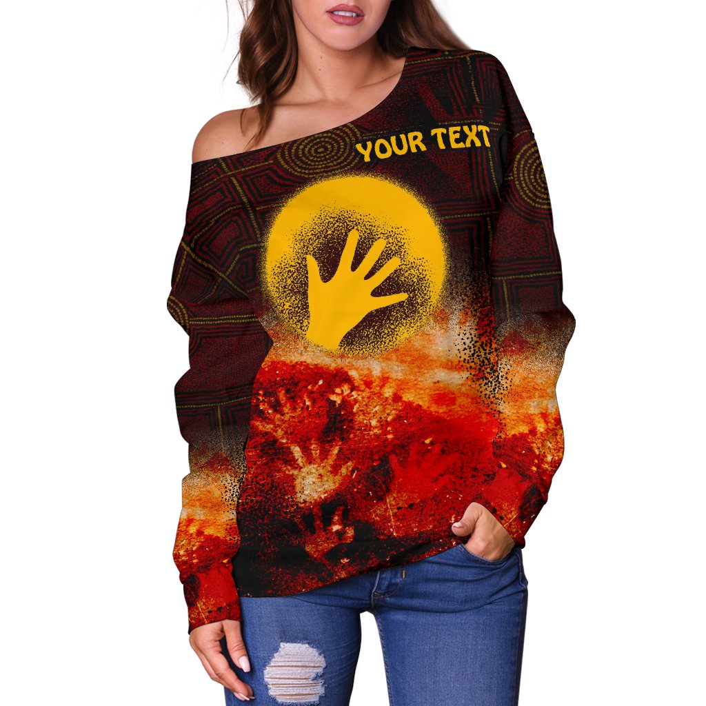 (Custom) Aboriginal Off Shoulder Sweater - Indigenous Flag Hand Art
