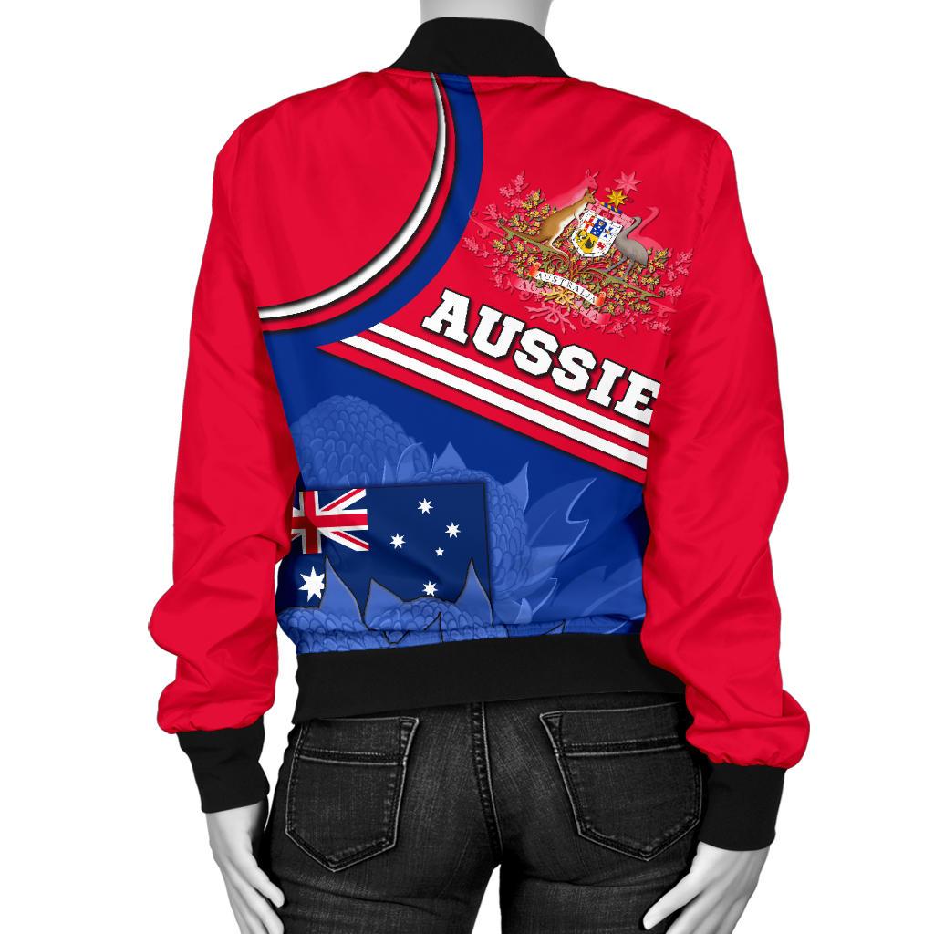 Women Bomber Jacket - Aus Flag and Coat of Arms Jacket Waratah Flowers