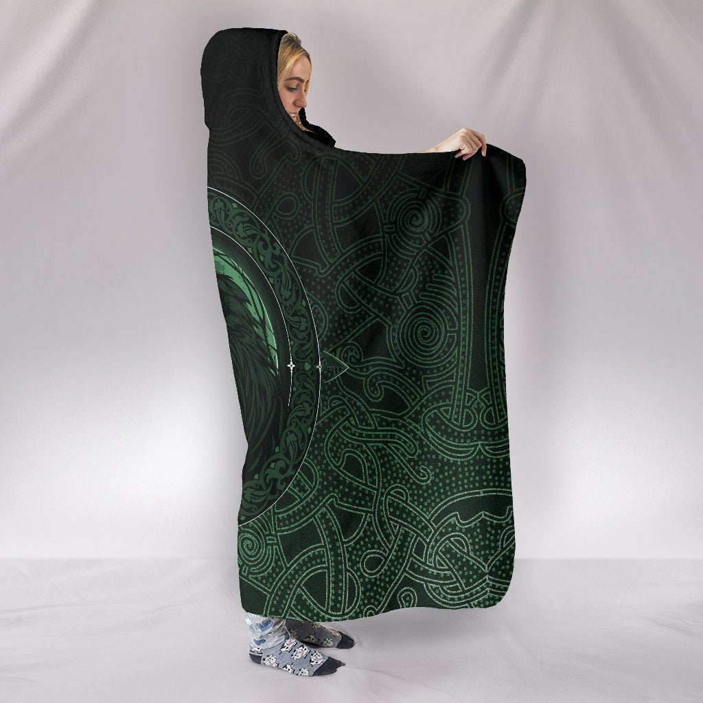 Viking Hooded Blanket Ethnic Odin Raven Green