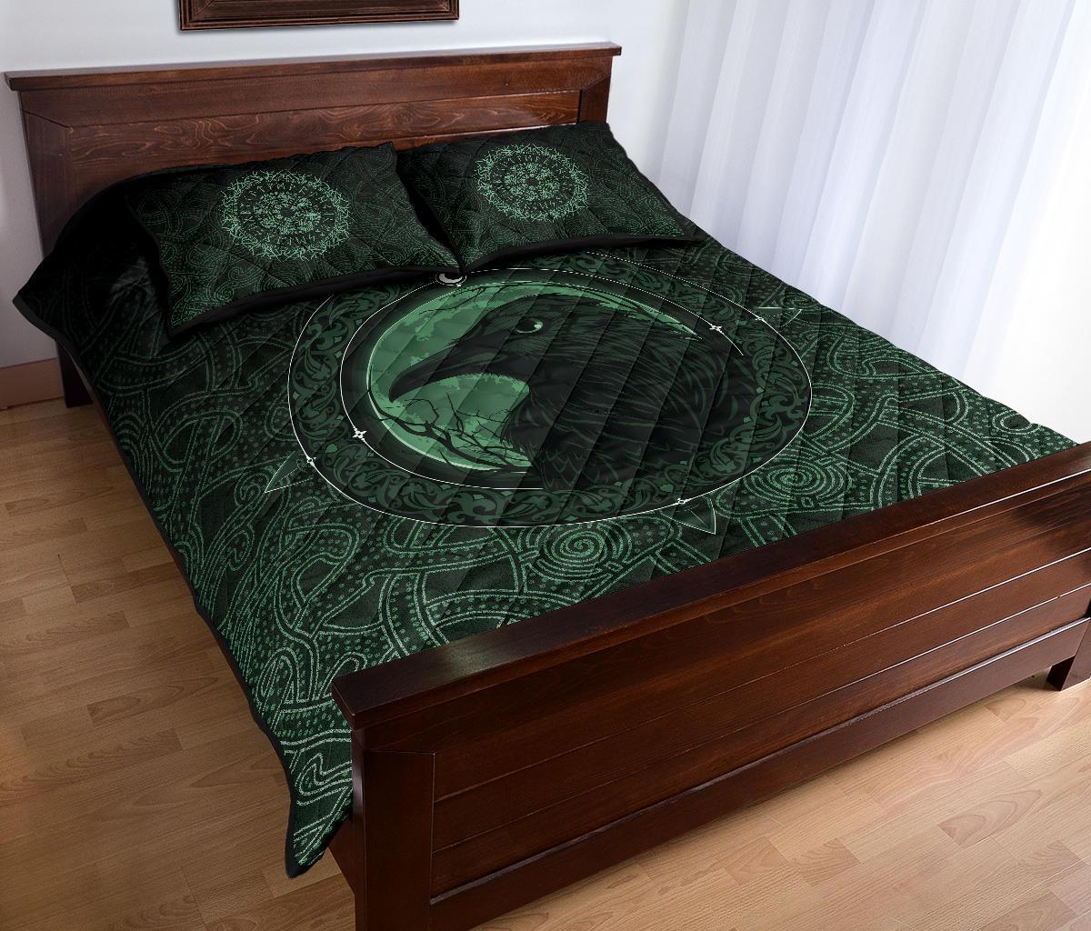 Viking Quilt Bedding Set Ethnic Odin Raven Green