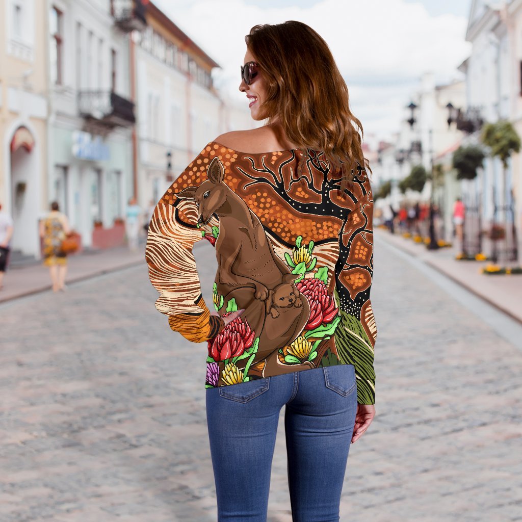 Aboriginal Women's Off Shoulder Sweater - Kangaroo With Indigenous Tree