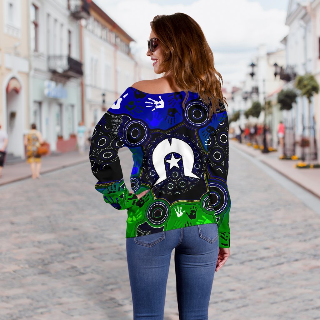 Aboriginal Women's Off Shoulder Sweater - Torres Strait Symbol With Indigenous Patterns