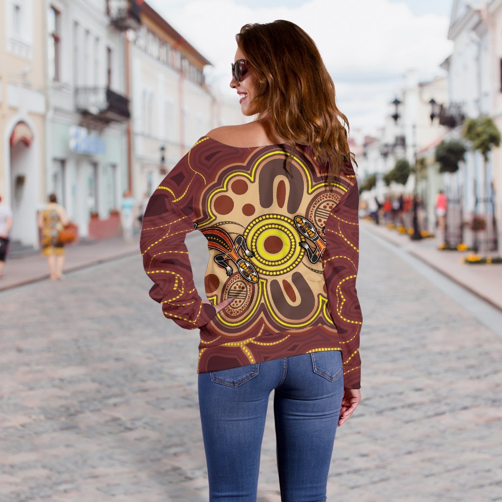 Aboriginal Women's Off Shoulder Sweater, Indigenous Lizard Dot Painting Art
