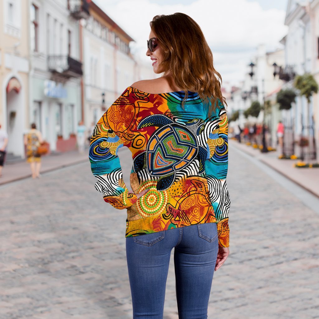 Aboriginal Off Shoulder Sweater - Turtle Indigenous Art