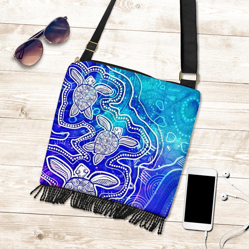 Aboriginal Boho Handbag - Sea Turtle With Indigenous Patterns (Blue)