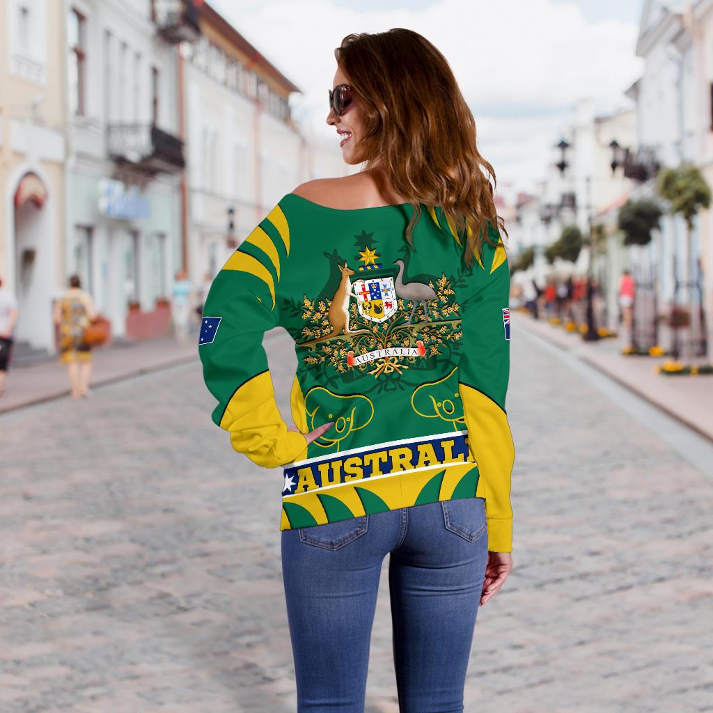 Women's Off Shoulder Sweater - Australian Coat Of Arms Shorts Koala